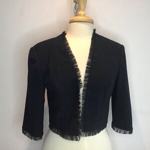 Maggy London open front bolero cropped netting trimmed lined black jacket size 8